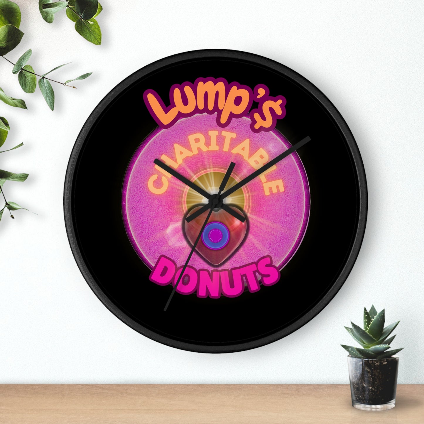 Lumpy Wall Clock - "Official Lump's Charitable Donut" - pink vivid donut w/black background [*charitable donut]