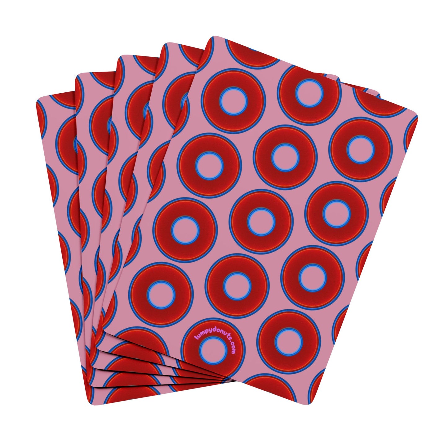Lumpy Donut Playing Decks - 52-cards - red vivid donuts w/pale magenta background