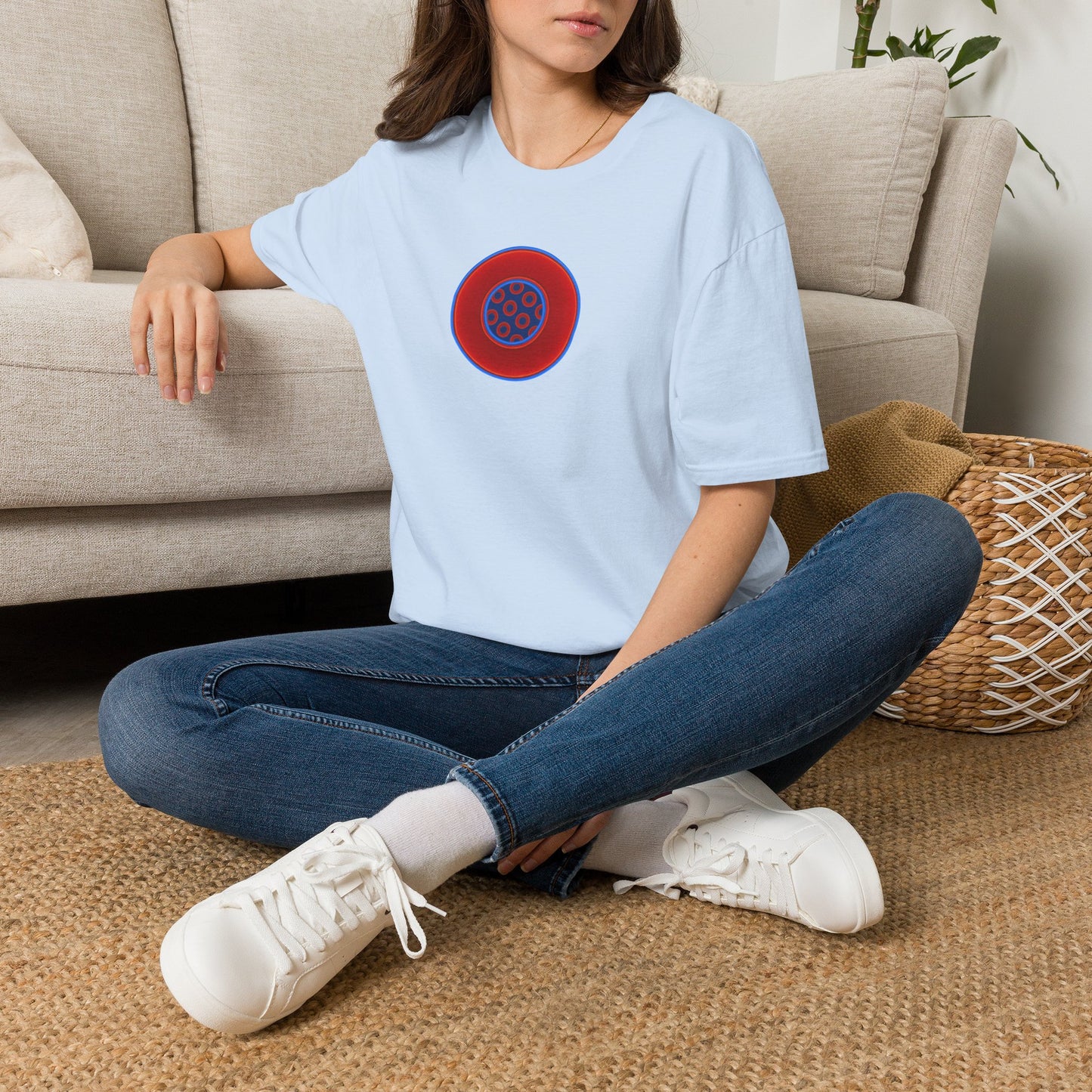 Classic Donut Tee - Unisex Soft-Style - "Portal Donut" - vivid red/blue donut  - w/navy blue - variant 2