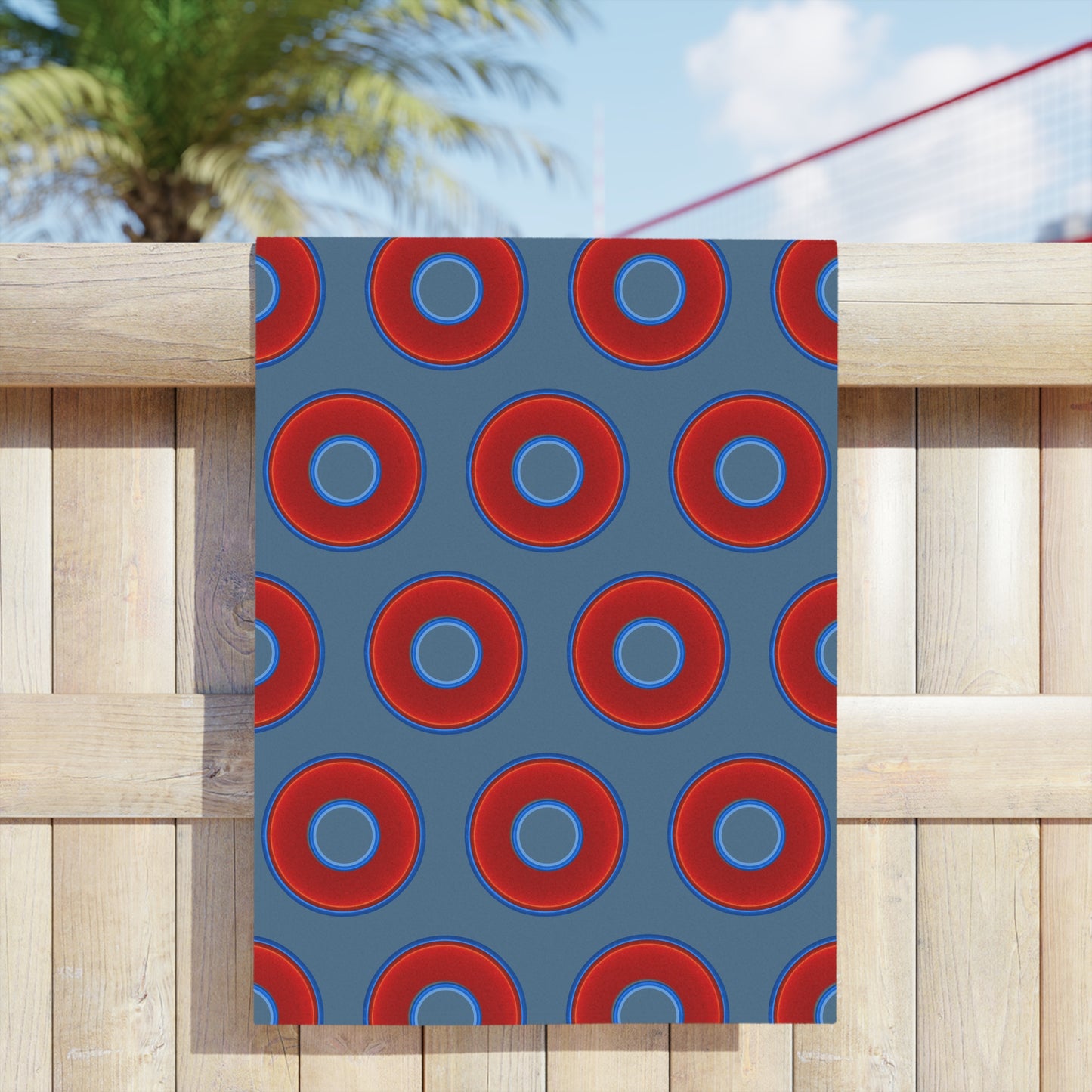 Lumpy Donut Towels - vivid red donuts w/steel blue background