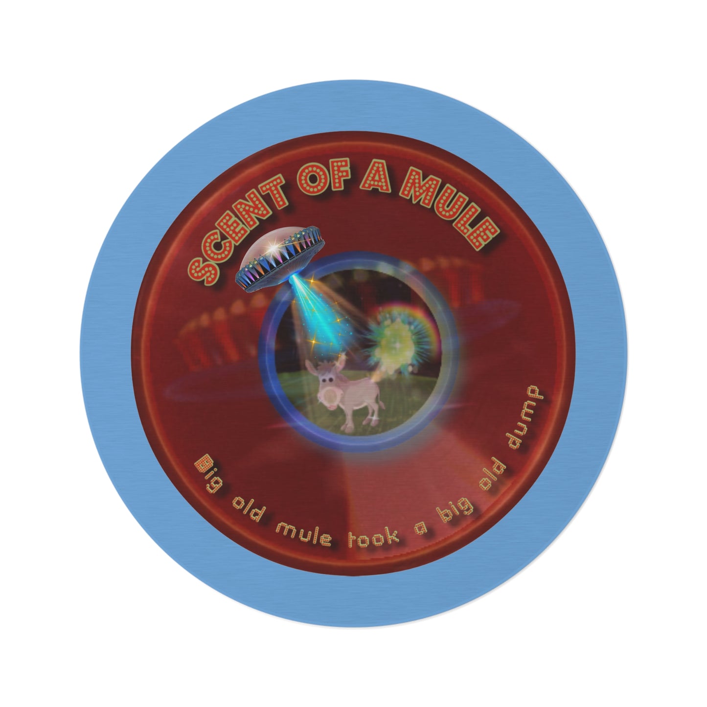 Round Room - 5 ft x 5 ft Lumpy Donut Rug - "Donut Rugs? In Tomahawk County?" - vivid red donut w/light blue background - variant 2