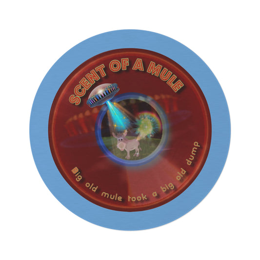 Round Room - 5 ft x 5 ft Lumpy Donut Rug - "Donut Rugs? In Tomahawk County?" - vivid red donut w/light blue background - variant 2