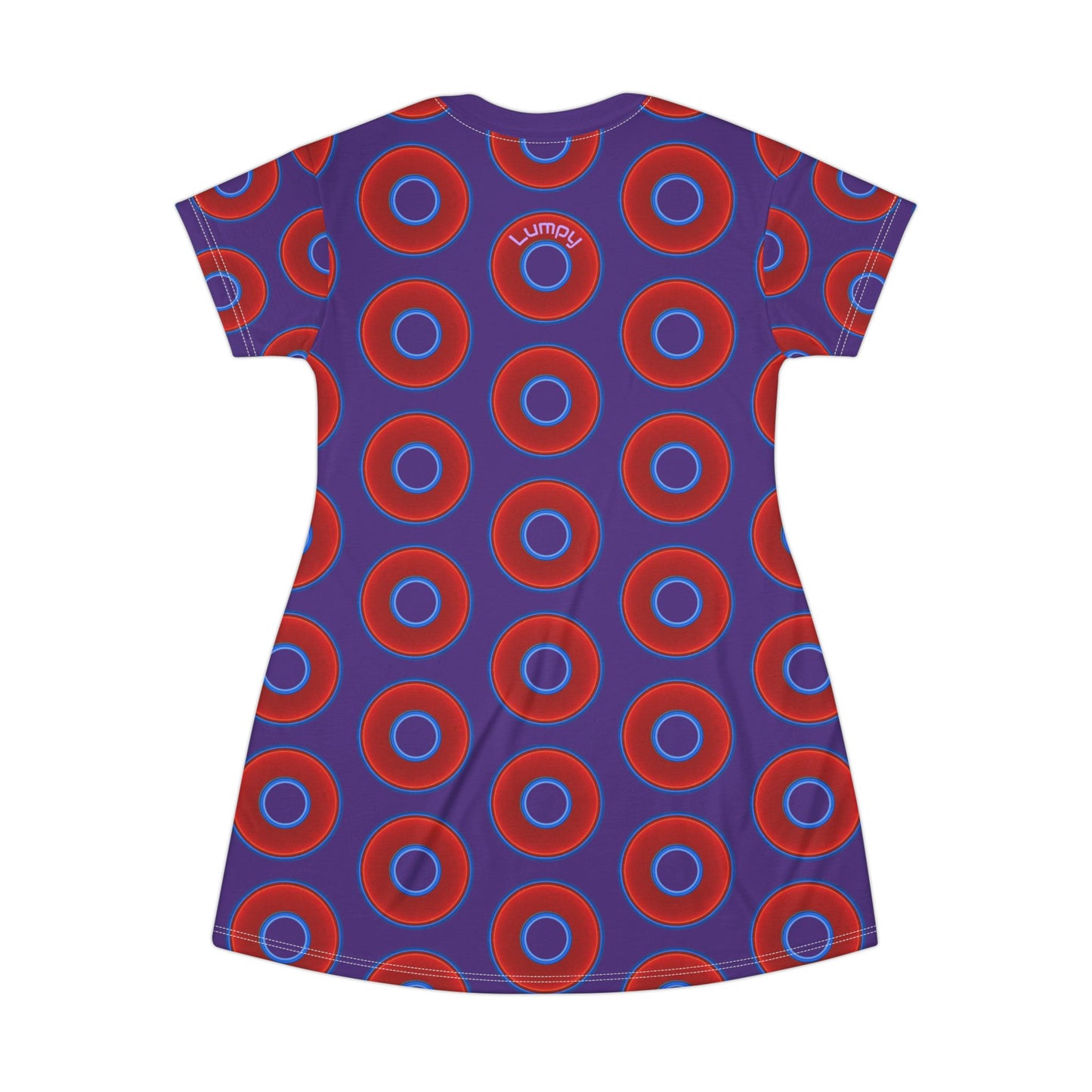 Not a Muumuu AOP Tee Shirt Dress - red vivid donuts w/purple background