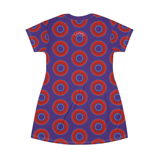 Not a Muumuu AOP Tee Shirt Dress - red vivid donuts w/purple background