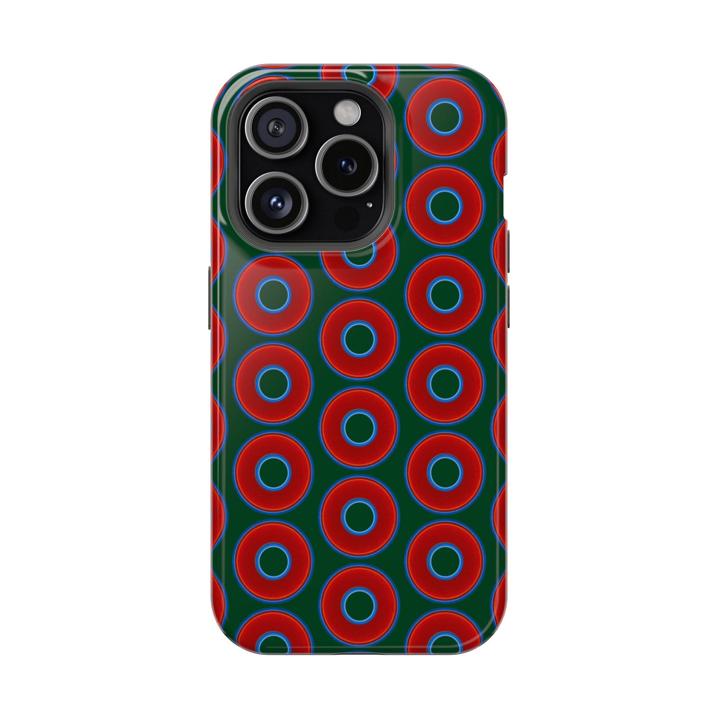 Magnetic Tough Donut Case - red vivid donut print w/deep pond green background