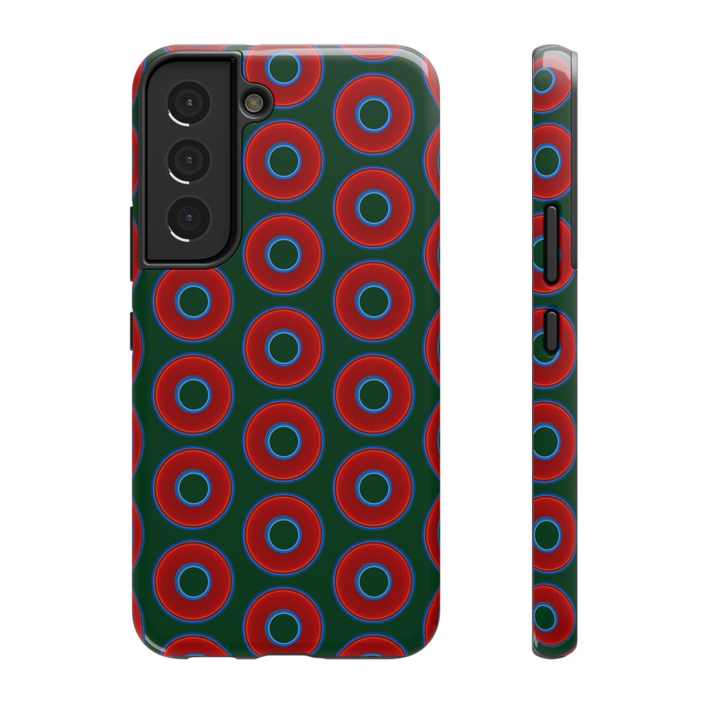 Impact-Resistant Lumpy Donut Case - red vivid donut print w/dark pond green background