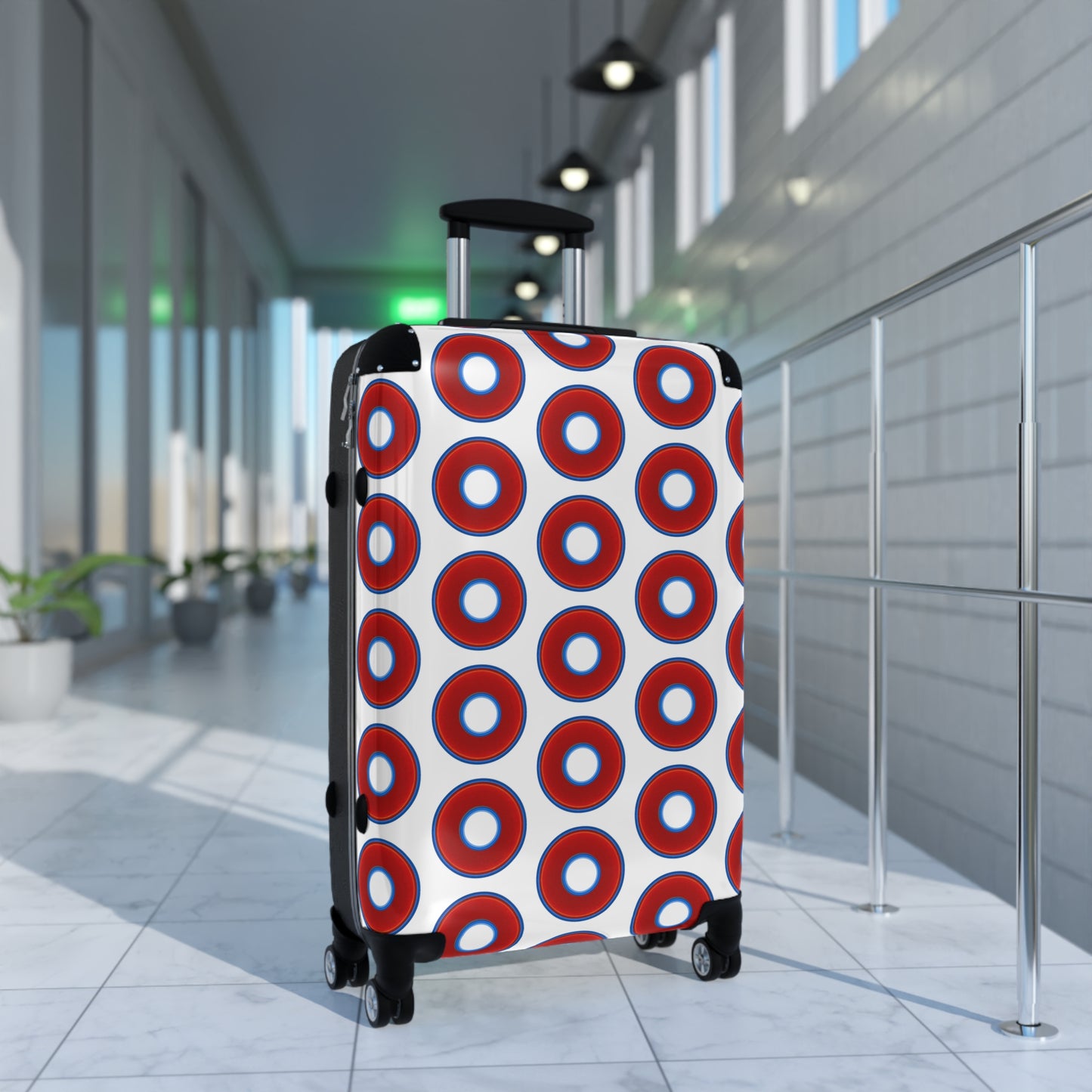The Very Lumpy Donut Suitcase series - your choice of S, M or L - vivid red donut print w/white background