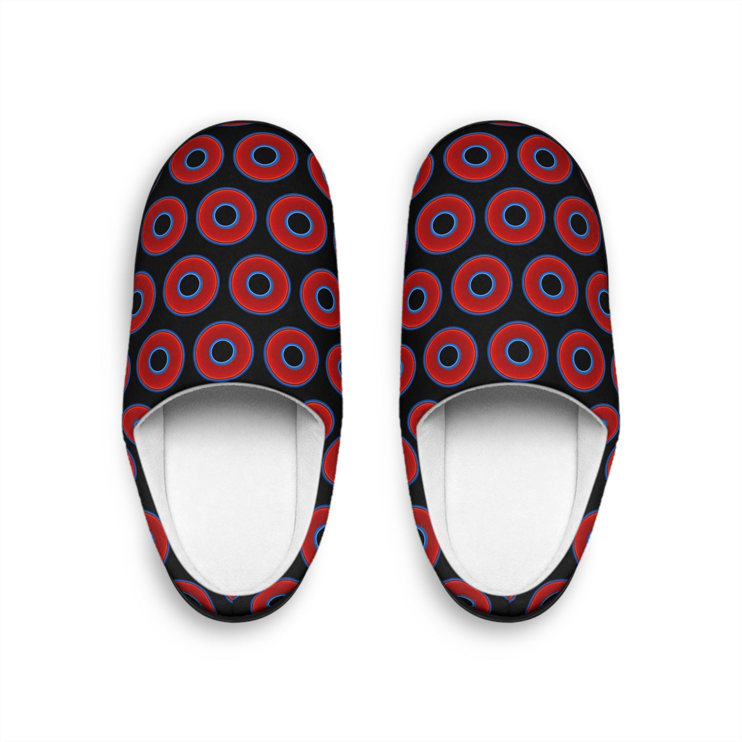 Women's Lumpy Slippers - red vivid donut print w/black background