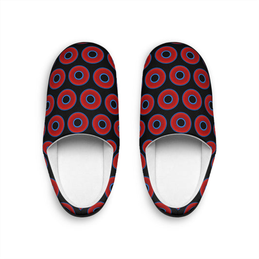 Women's Lumpy Slippers - red vivid donut print w/black background