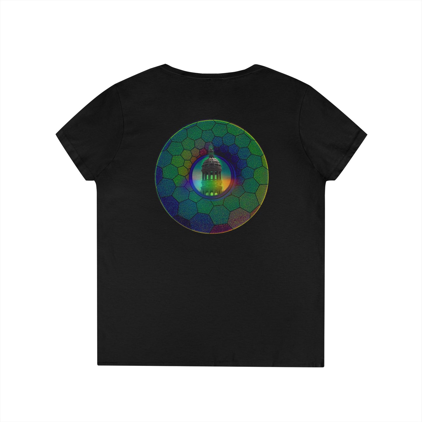 Women's Donut V-Neck Tee - "Save the Mondegreen City Hall Clock Tower" - variant 1 - green hexadonut w/