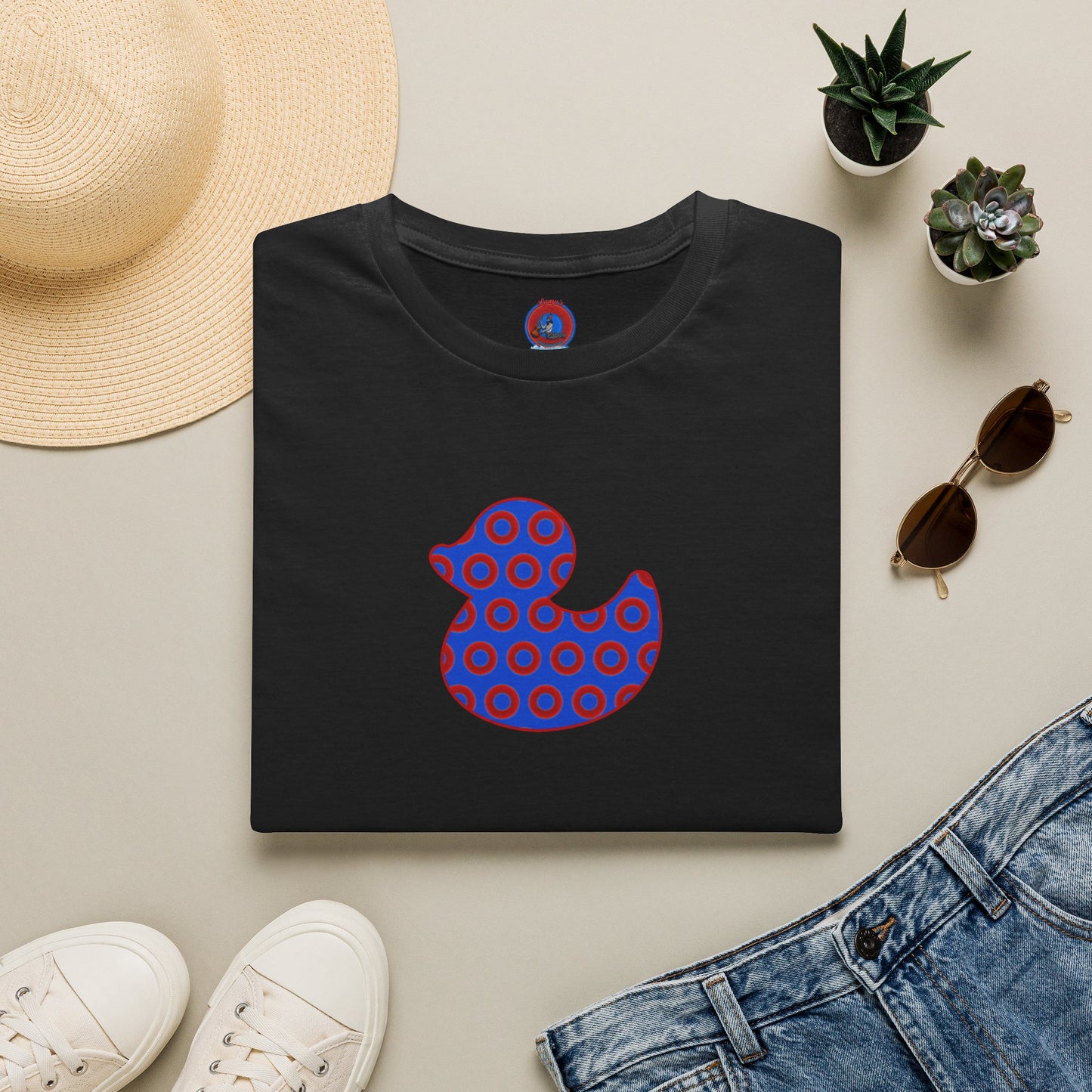 Classic Donut Tee - Unisex Soft-Style - "Rubber Ducky Bath Time Donut" - vivid red/blue donut pattern - variant 3