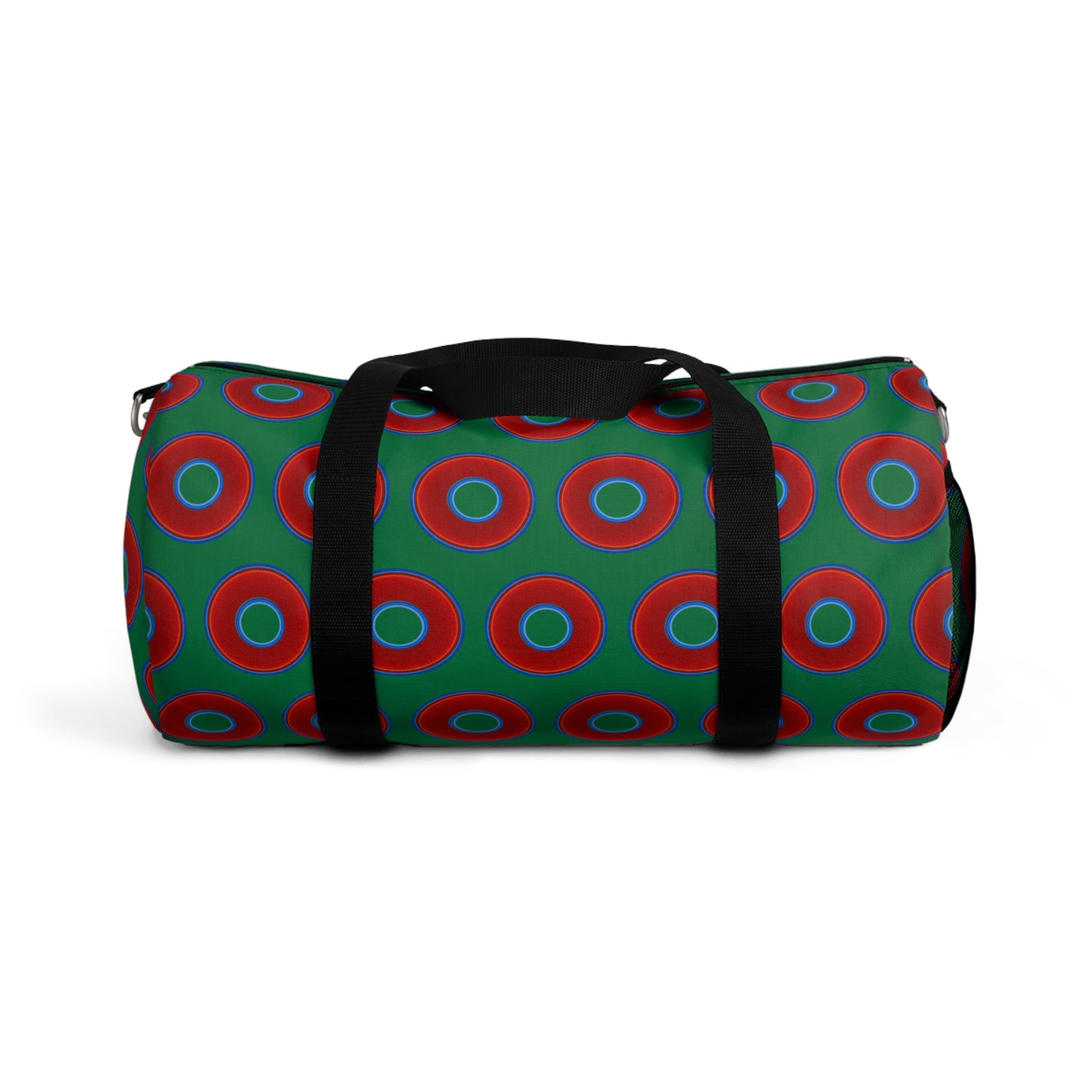Lumpy Duffel - vivid red donuts w/green background