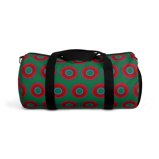 Lumpy Duffel - vivid red donuts w/green background