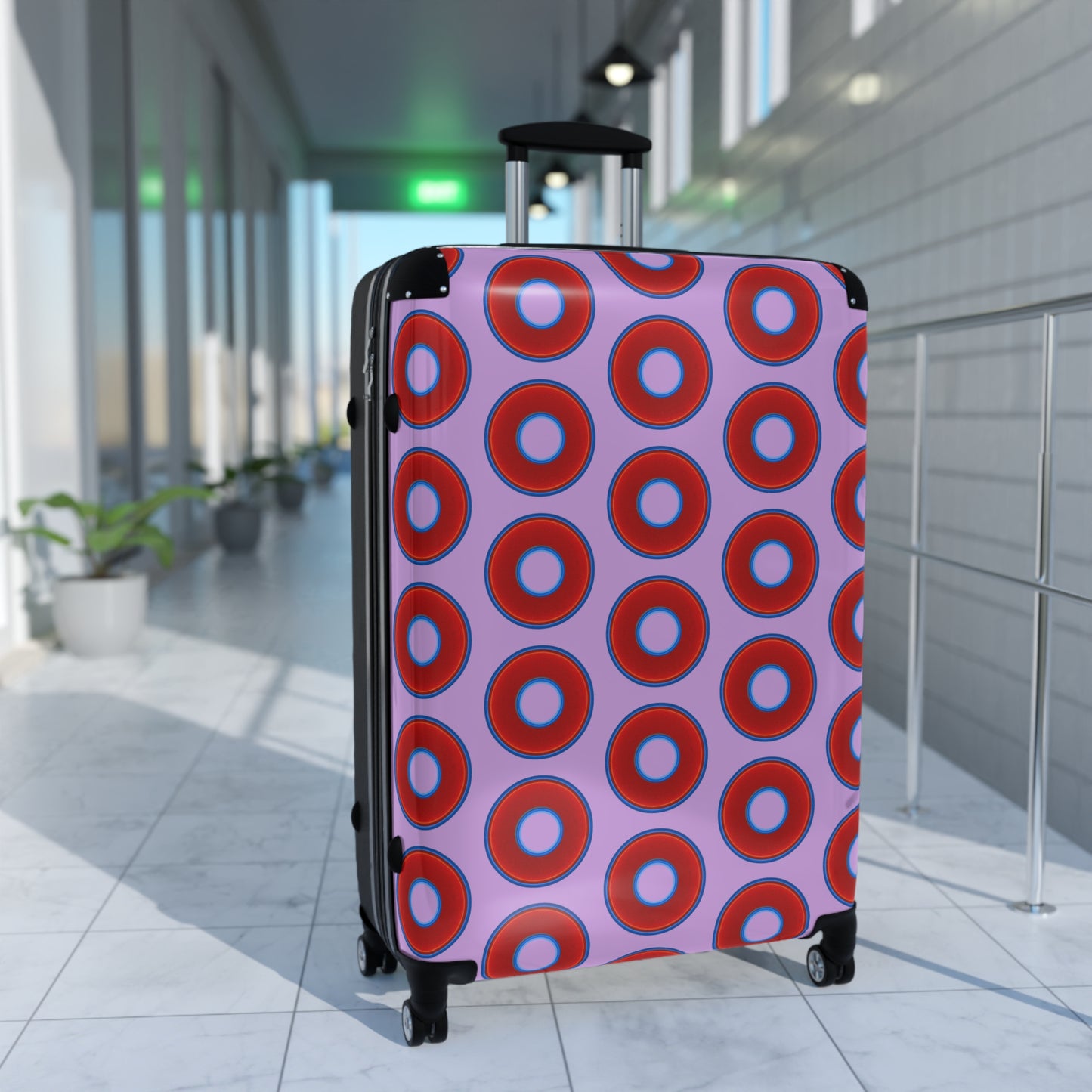 The Very Lumpy Donut Suitcase series - your choice of S, M or L - vivid red donut print w/wisteria purple background