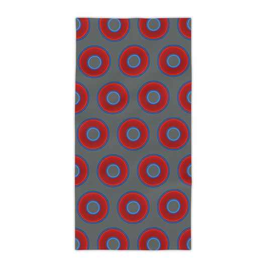 Lumpy Donut Towels - vivid red donuts w/dark gray background