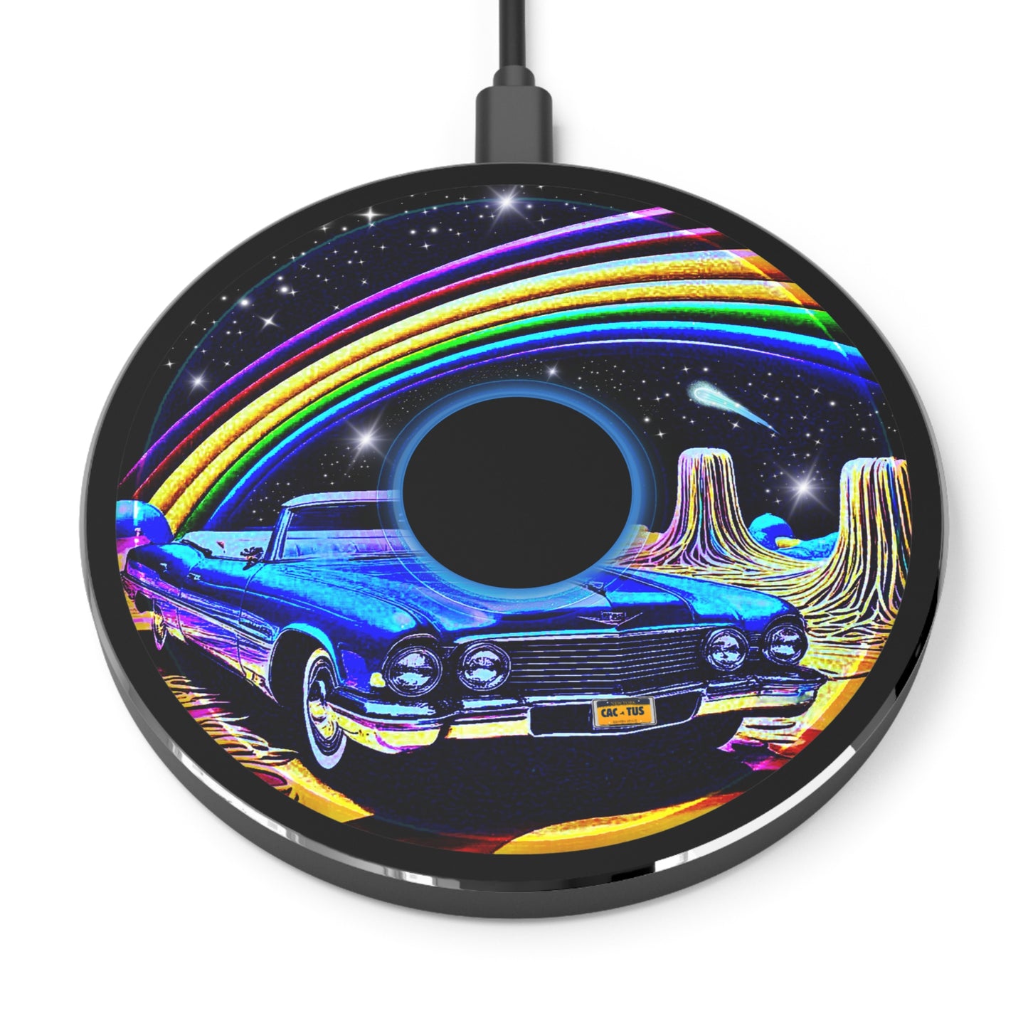 The Flow - Wireless Lumpy Donut Chargers - "Halley's Caddy Charger" - blue/black pic donut w/black background - variant 2