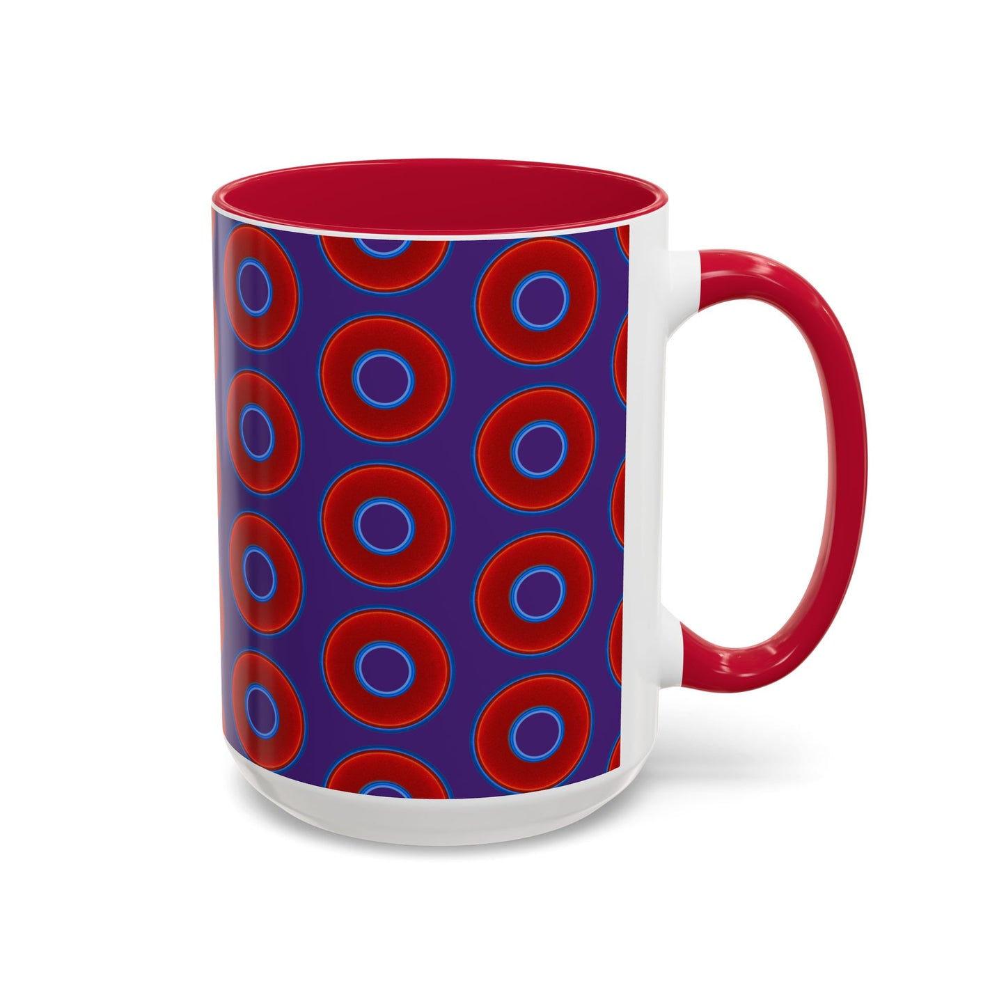 Lump's Grumpy Coffee Mug - vivid red donuts w/purple background