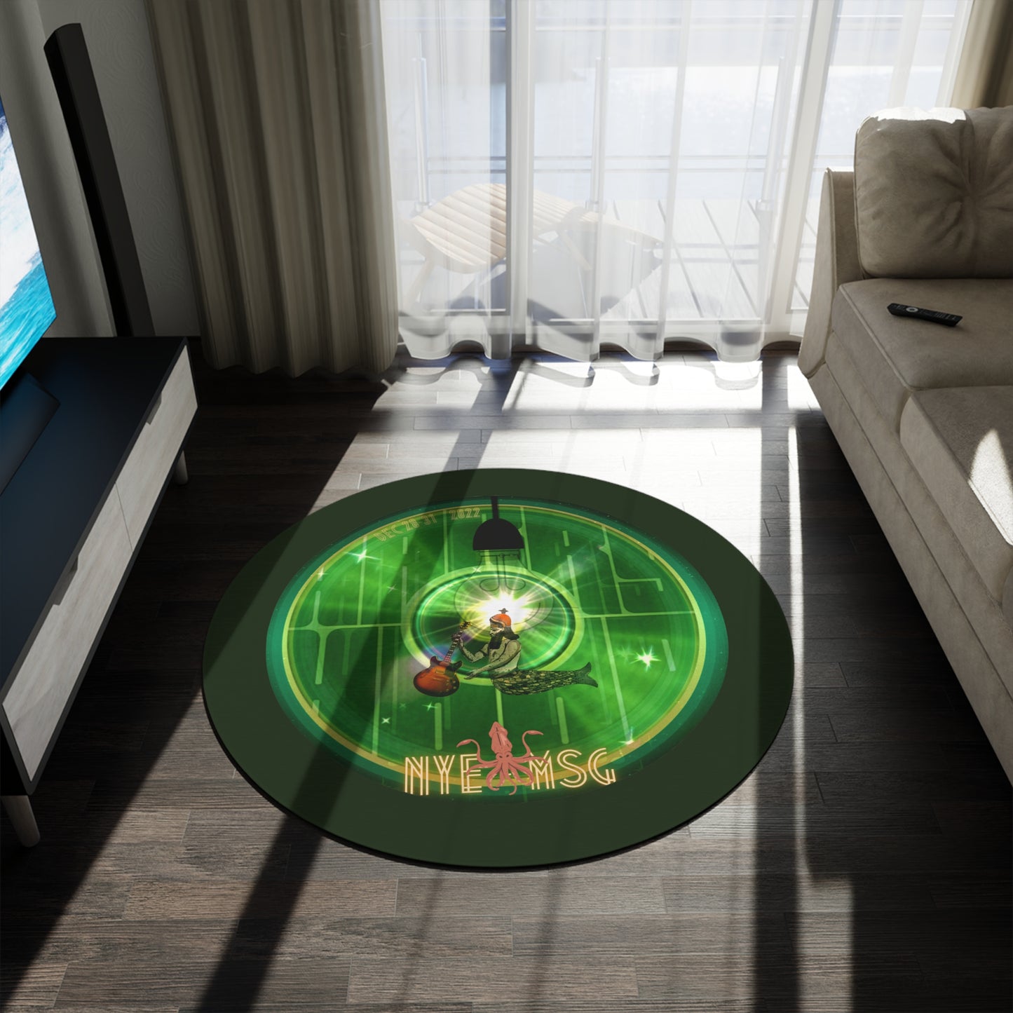 Round Room - 5 ft x 5 ft Lumpy Donut Rug - "MSG NYE Dec 28-31 2022 Hood Donut" - mirrored vivid green word donut w/deep forest green background