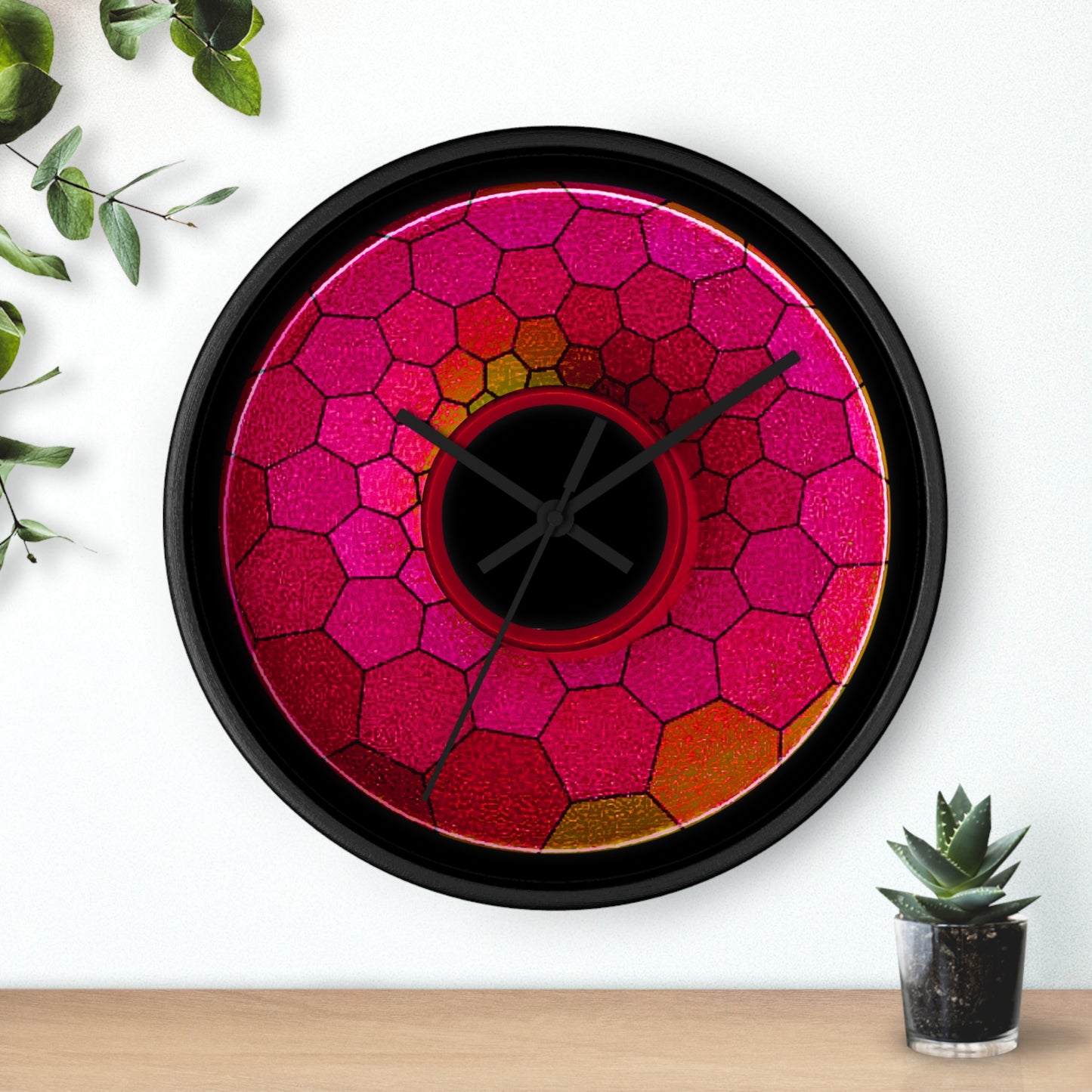 Lumpy Wall Clock - "Plain Hexadonut" - variant 1 - magenta hexadonut w/black background