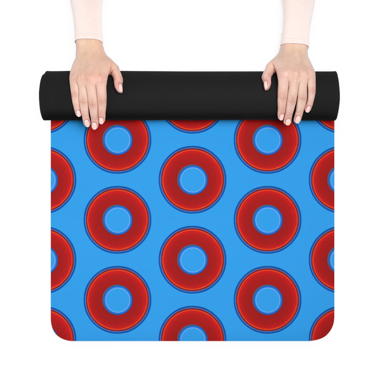 Lumpy Donut Yoga Mat :) - 24″ x 70" - vivid red donut print w/sky royal blue background