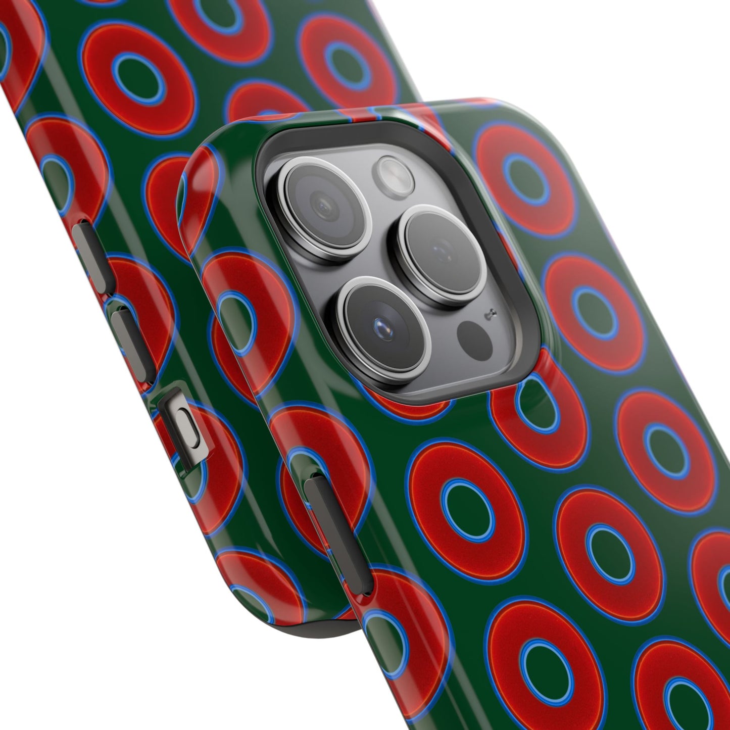 Impact-Resistant Lumpy Donut Case - red vivid donut print w/dark pond green background