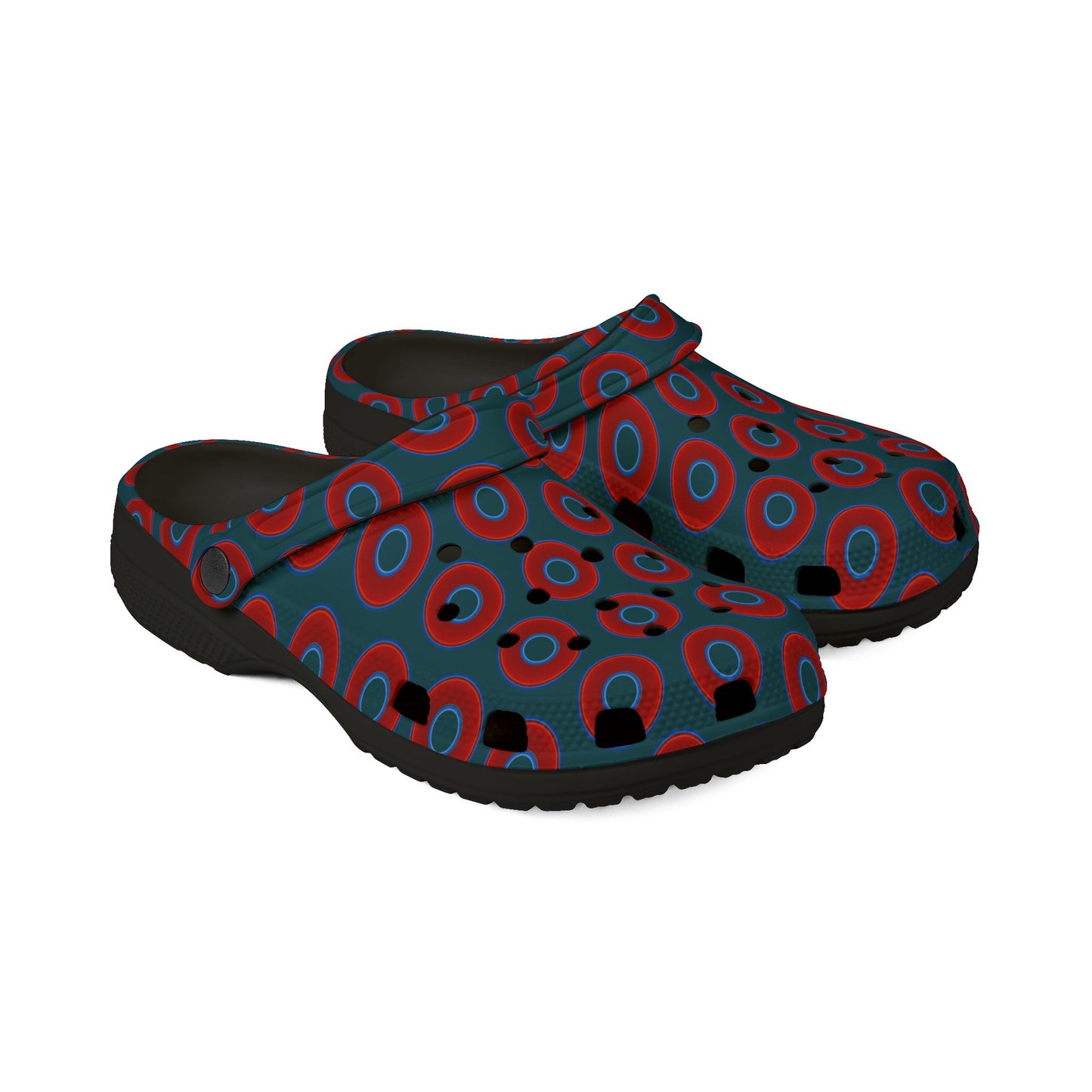 Spatchcocks - donut slip-on shoes - vivid red donuts w/midnight teal green background [unisex]