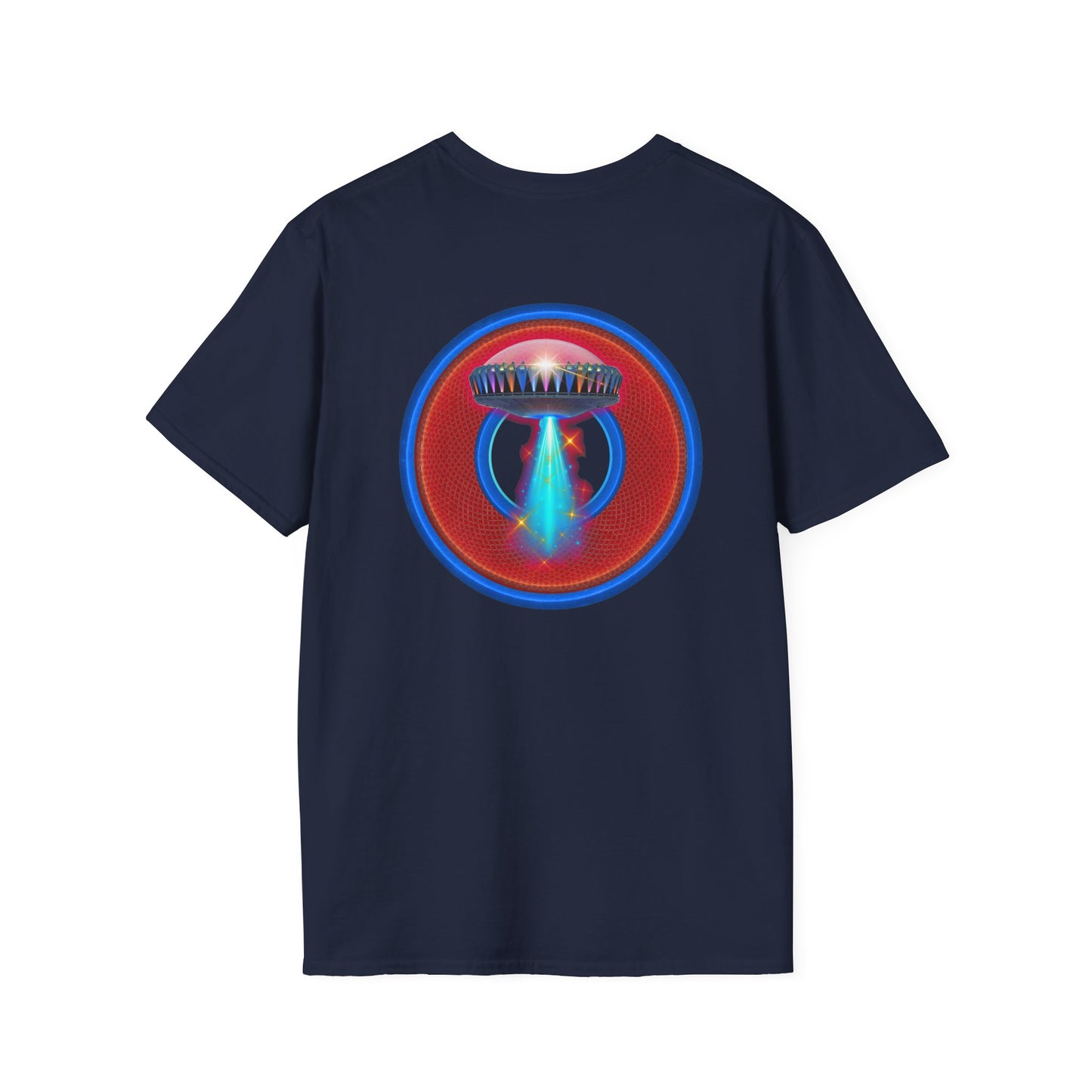 Classic Donut Tee - Unisex Soft-Style - "Donuts now Served on the Mothership" - red/blue donut