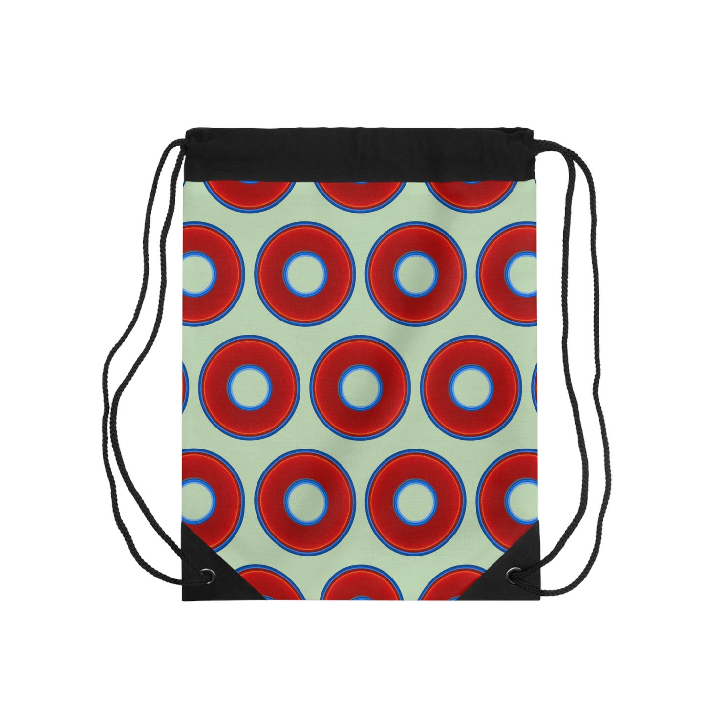Lumpy Donut Drawstring Bag - red vivid donuts print w/seafoam background