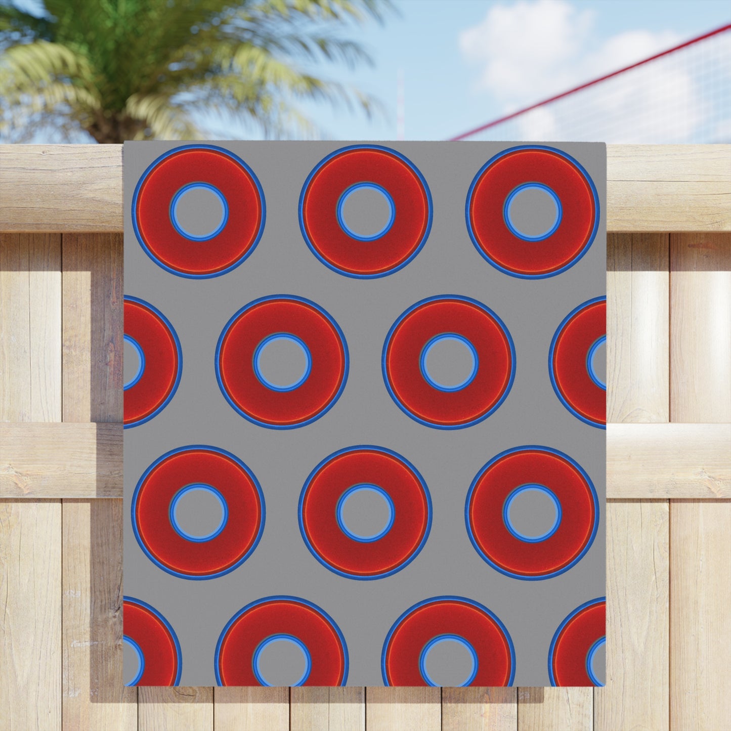 Lumpy Donut Towels - vivid red donuts w/gray background