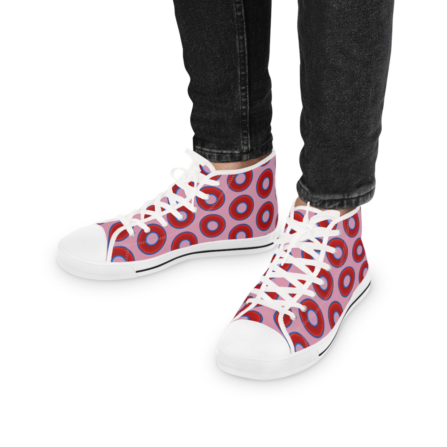 Men's High Top Chucks - large vivid red donut print w/pale magenta background