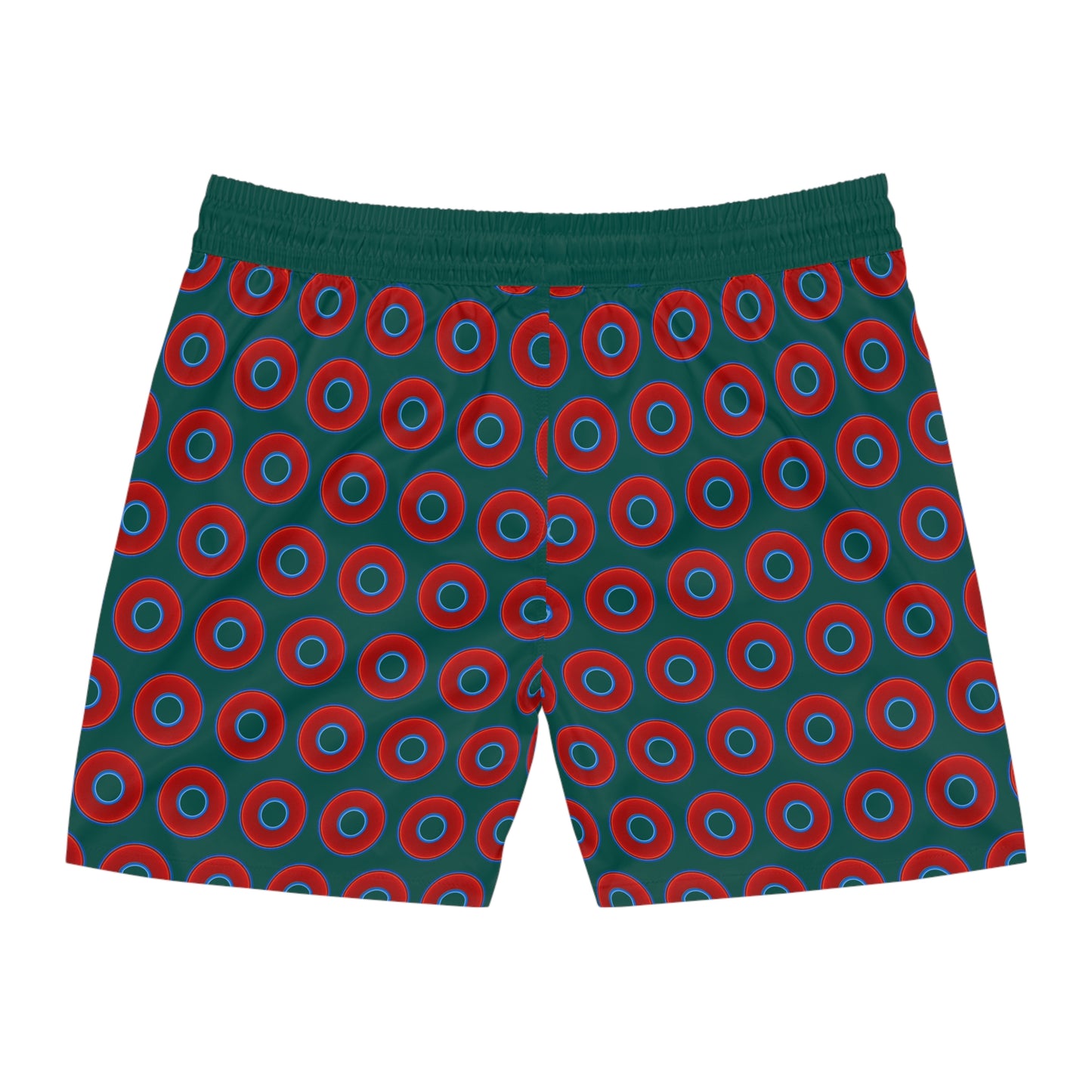 Men's Lumpy Swim Trunks - vivid red donut print w/dark Fenway green background