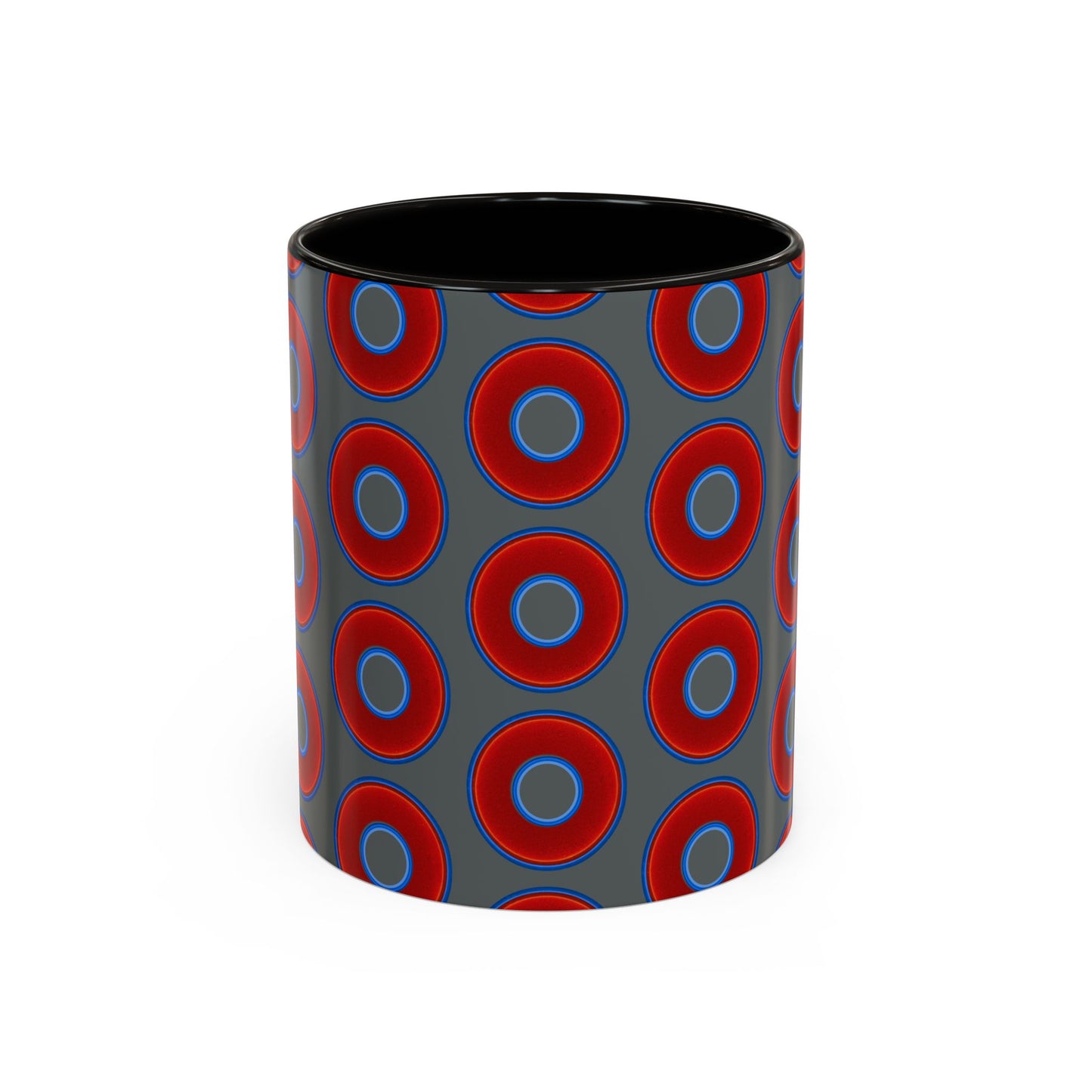 Lump's Grumpy Coffee Mug - vivid red donuts w/dark gray background
