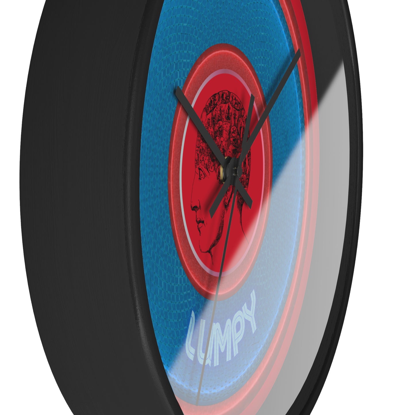 Lumpy Wall Clock - "Carini's Lumpy Donut" - variant 2 - blue rustic donut w/dark red background