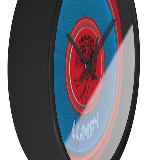 Lumpy Wall Clock - "Carini's Lumpy Donut" - variant 2 - blue rustic donut w/dark red background