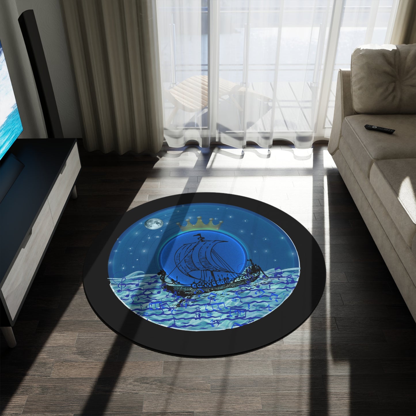 Round Room - 5 ft x 5 ft Lumpy Donut Rug - "Stately Donut Rug of the Prince" - vivid blue record donut w/black background