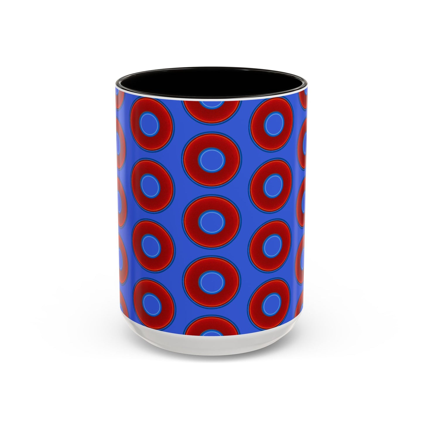 Lump's Grumpy Coffee Mug - vivid red donuts w/royal blue background
