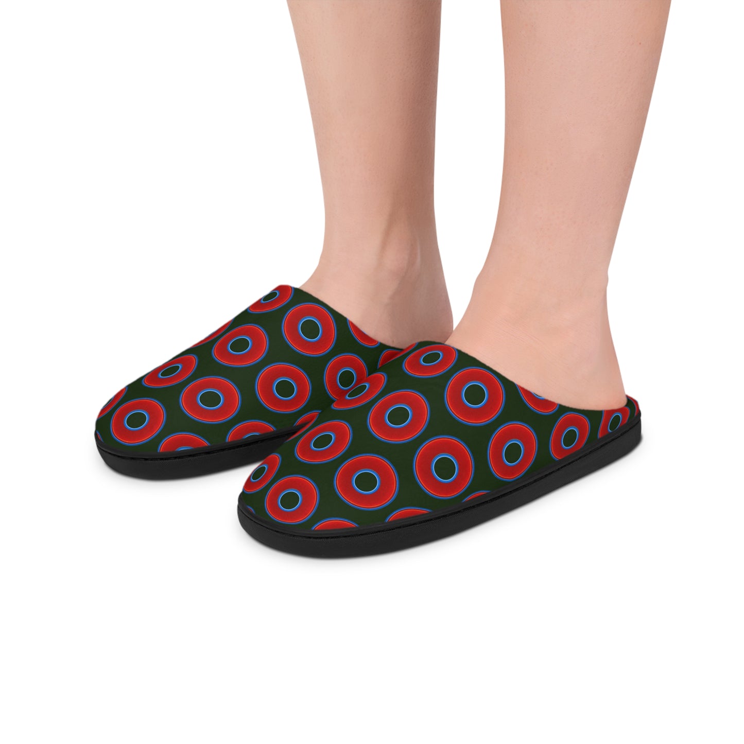 Men's Lumpy Slippers - red vivid donut print w/deep forest green background