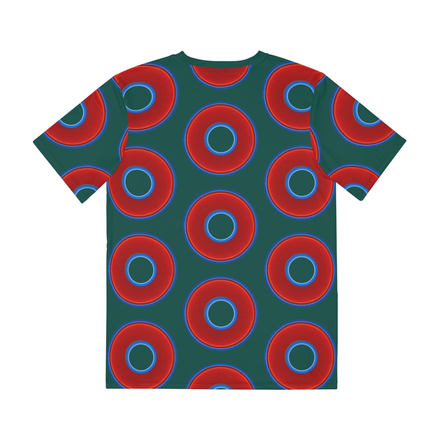 Multi-Beastie Giant Donut AOP Polyester Tee - red vivid donut print w/dark Fenway green background