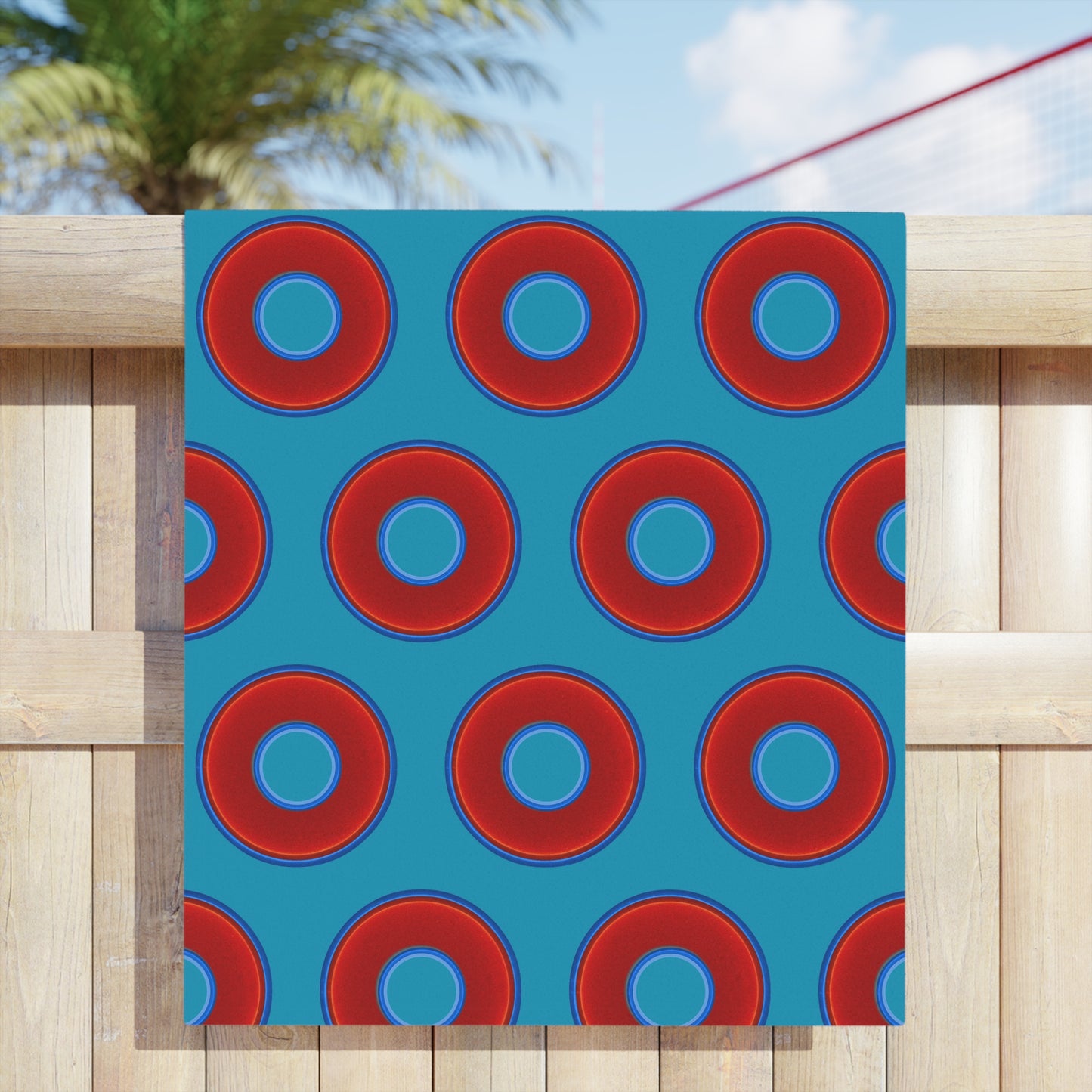 Lumpy Donut Towels - vivid red donuts w/aquamarine blue background