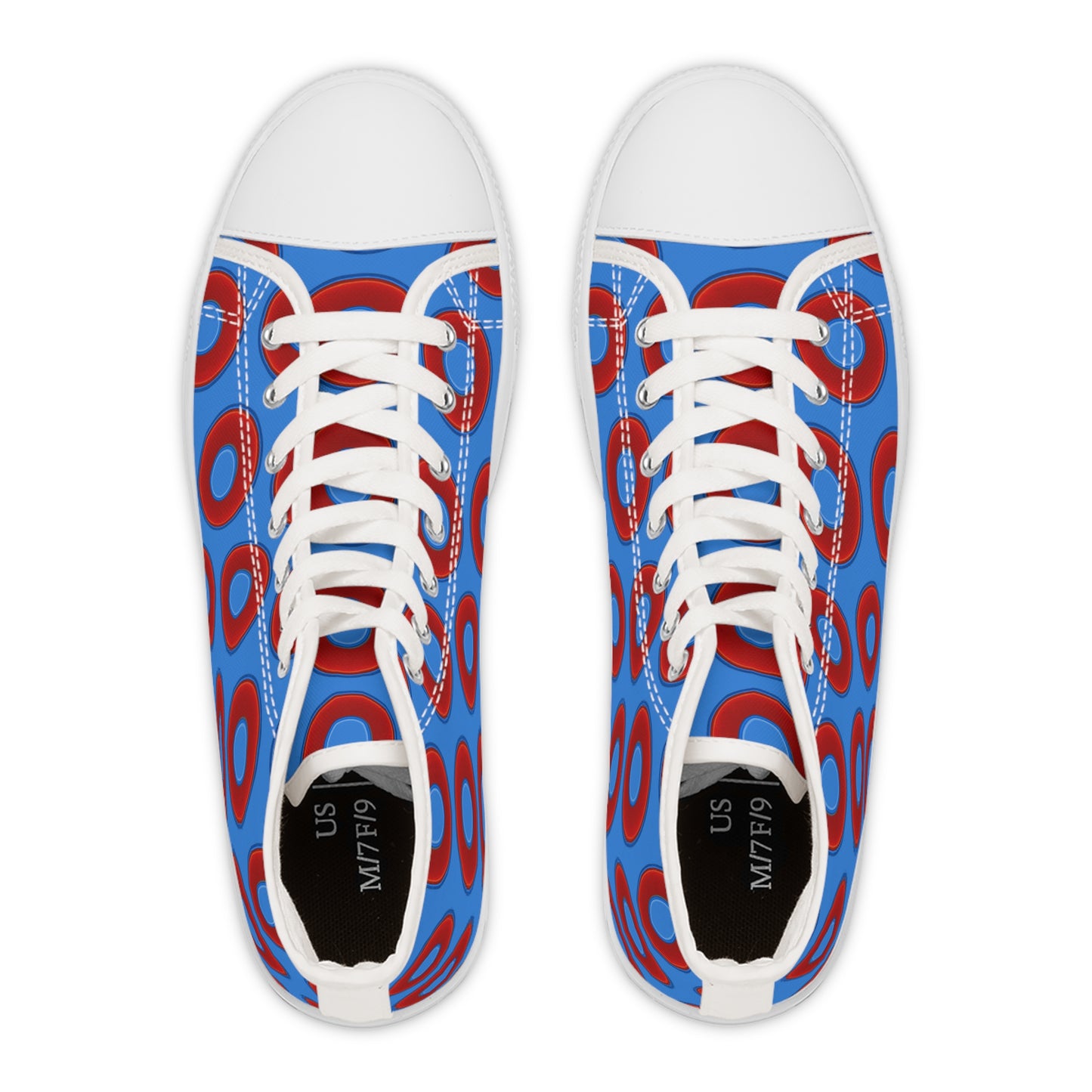Women's High Top Chuck Taylors - large vivid red donut print w/light royal blue elite background