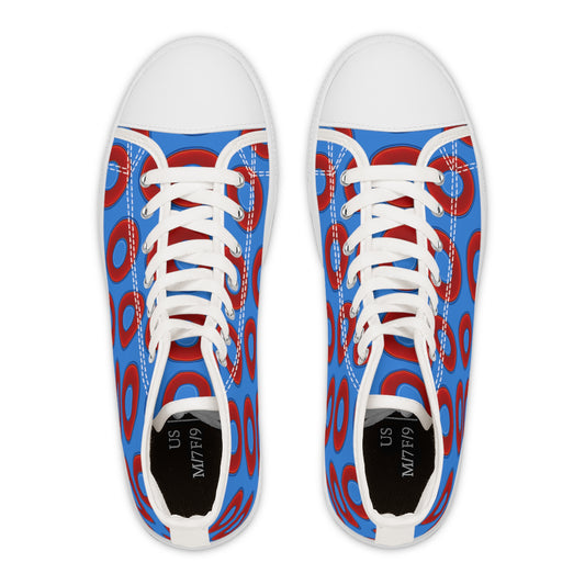 Women's High Top Chuck Taylors - large vivid red donut print w/light royal blue elite background