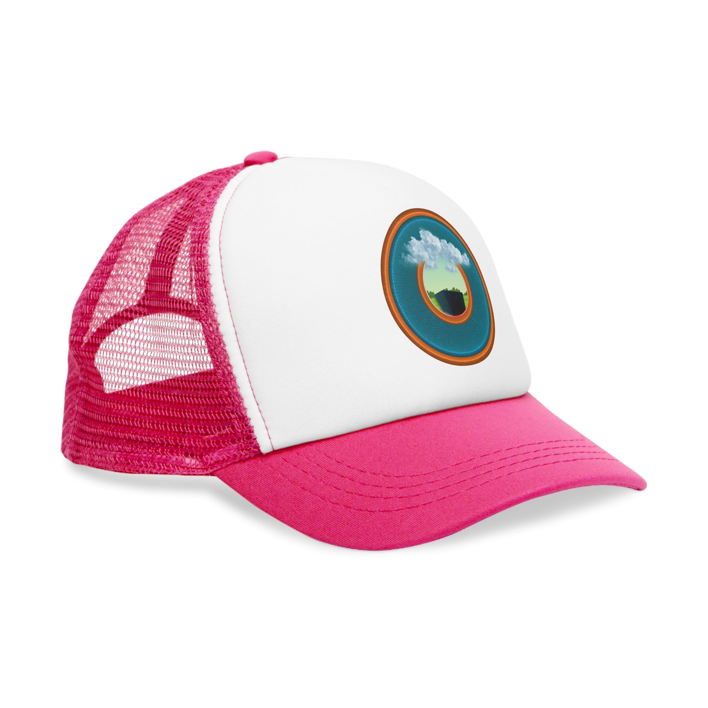 Lumpy Trucker Hat - "Got Rhombus?" - variant 5 - aquamarine/orange donut