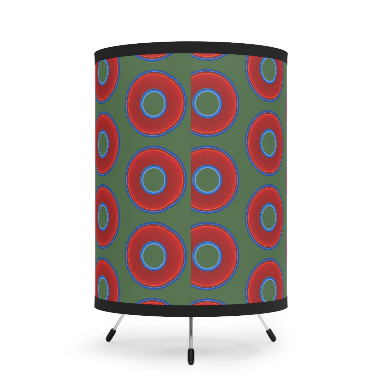 Lumpy Tripod Donut Lamp - vivid red donuts w/dark green background