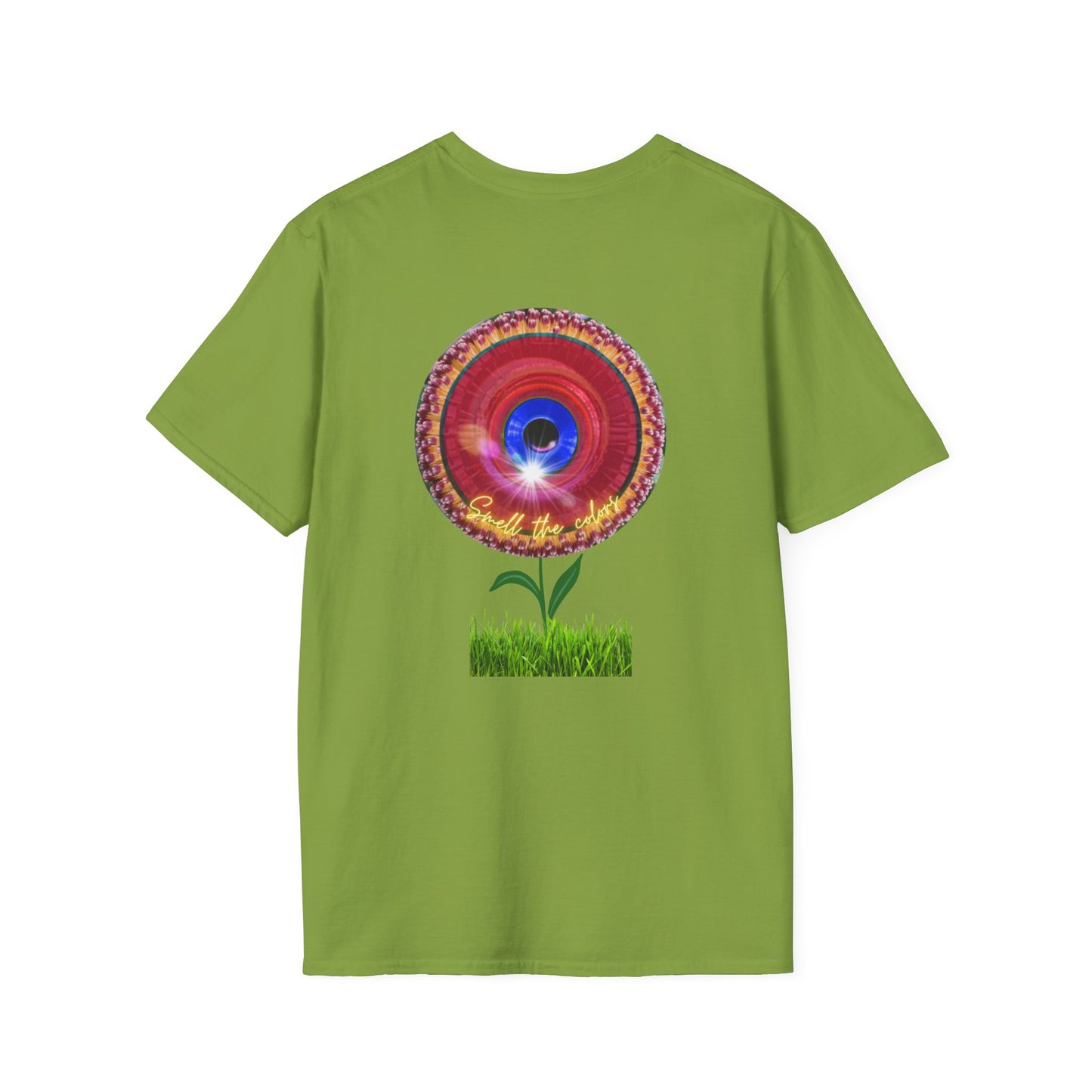 Classic Donut Tee - Unisex Soft-Style - "Smell the Donuts Outside on my Lawn"  " variant 2 - blue donut on red donut/flower