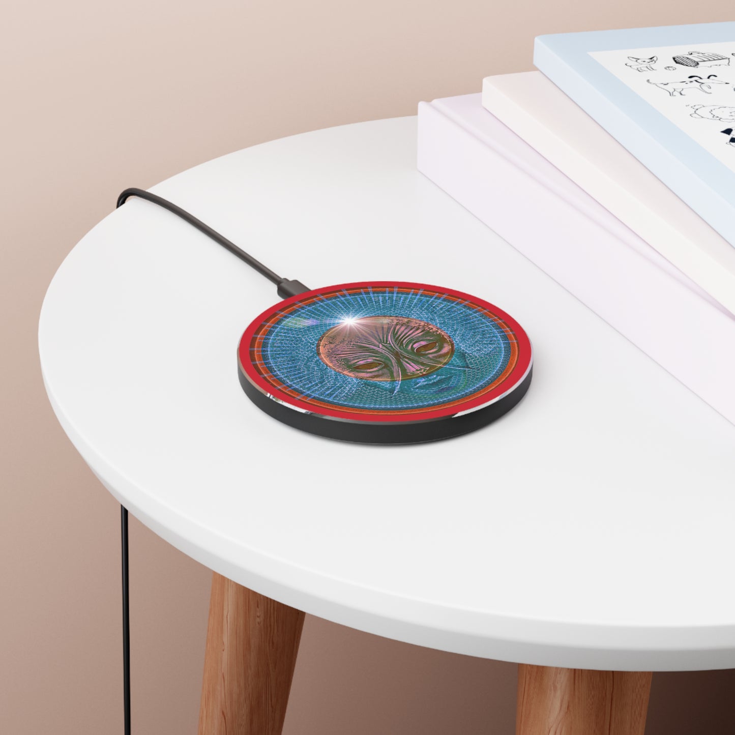 The Flow - Wireless Lumpy Donut Chargers - "Conjurers of Awesome Wireless Power" - rustic blue donut w/dark red background - variant 2