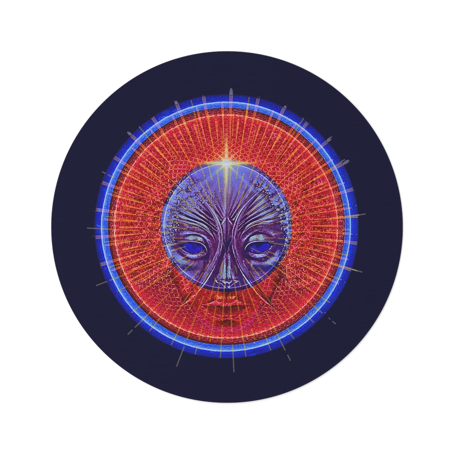 Round Room - 5 ft x 5 ft Lumpy Donut Rug - "Conjurers of Awesome Donuts" - rustic red/blue donut w/dark navy background - variant 1