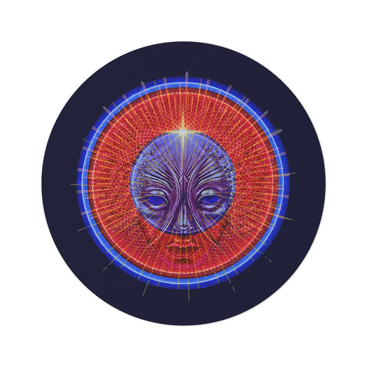 Round Room - 5 ft x 5 ft Lumpy Donut Rug - "Conjurers of Awesome Donuts" - rustic red/blue donut w/dark navy background - variant 1