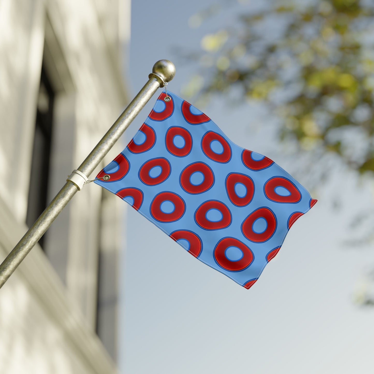 Lumpy Flagpole Sitters - Donut Flags [12" x 18"] - red vivid donut print w/light blue background