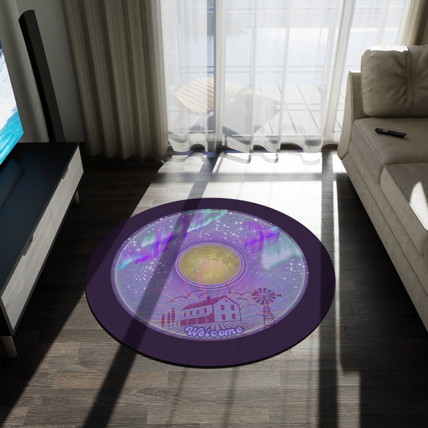 Round Room - 5 ft x 5 ft Lumpy Donut Rug - "Farmhouse Fresh Donut Rug" - vivid purple donut w/midnight purple background
