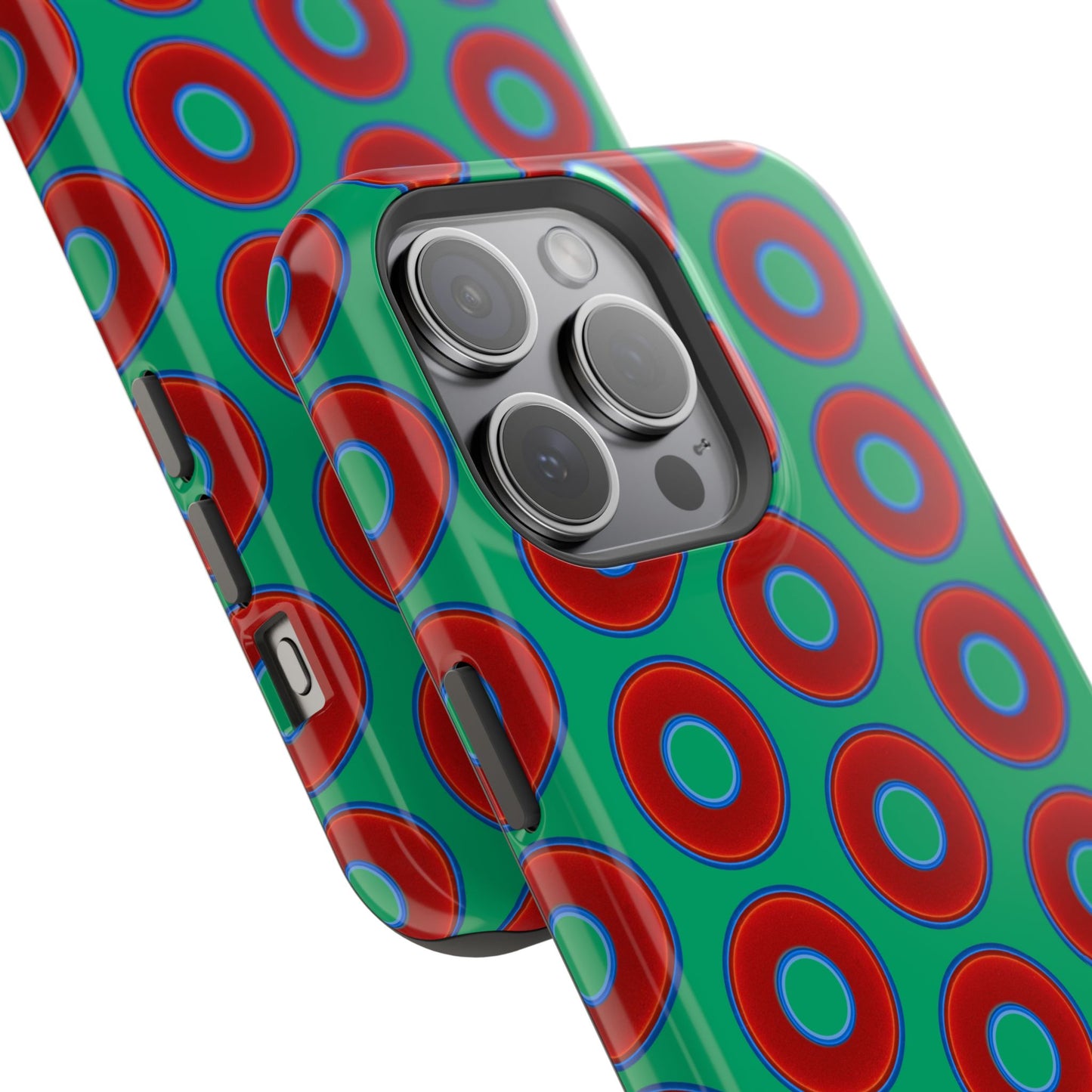 Impact-Resistant Lumpy Donut Case - red vivid donut print w/jade green background
